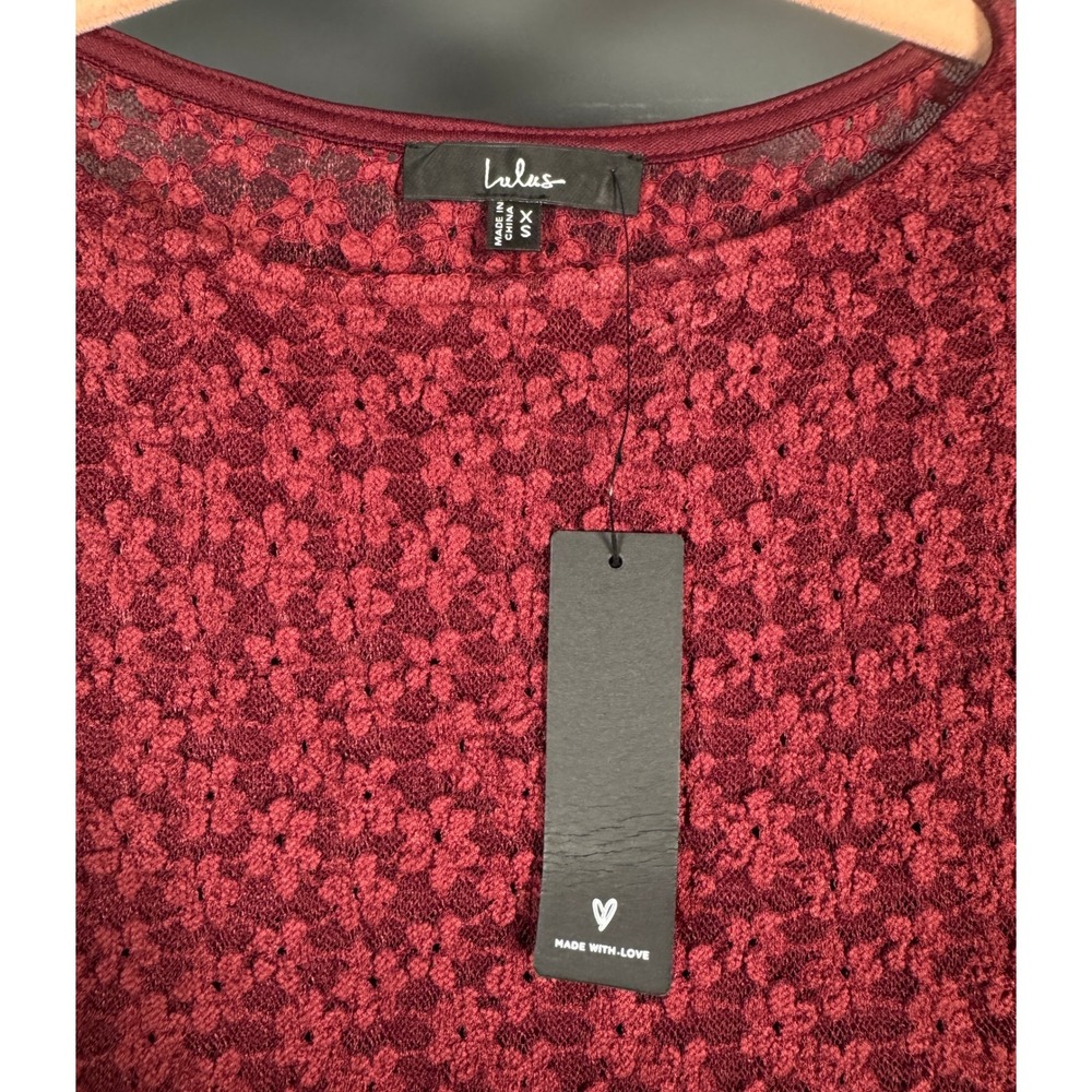 Lulus Zallie Wine Red Textured Drop Waist Mini Dress XS NWT Floral Lace Holidays - Picture 7 of 9